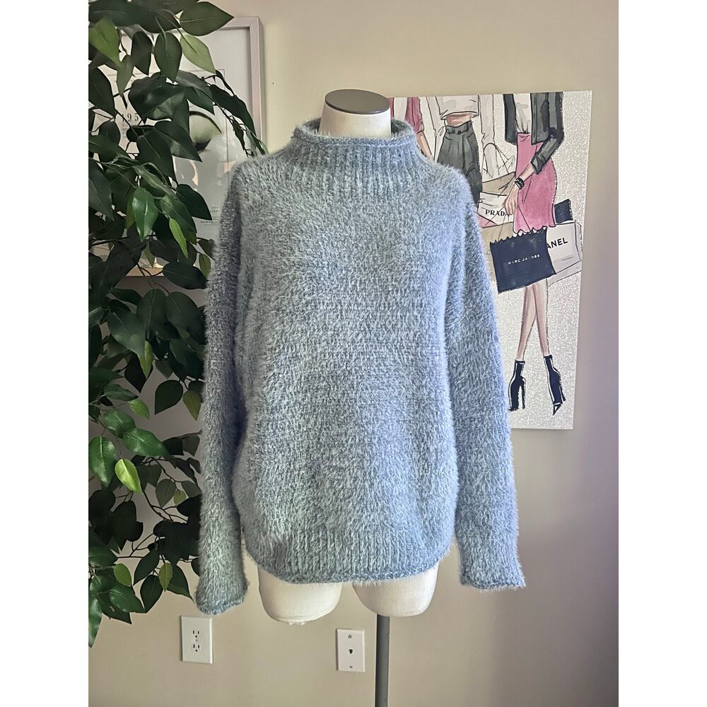 Fuzzy Cozy Soft Chenille Rachel Zoe Knit Mock Turtleneck Blue Sweater Sz M